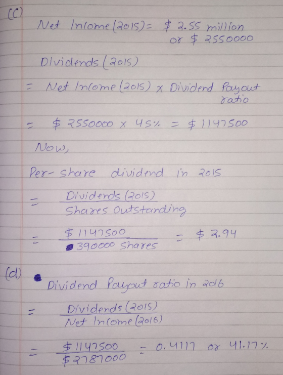 Net Income (2015) = $2.55 million. e or $2550000 Dividends (2015) Net Income (2015) x Dividend payout ratio - I $2550000 x 45