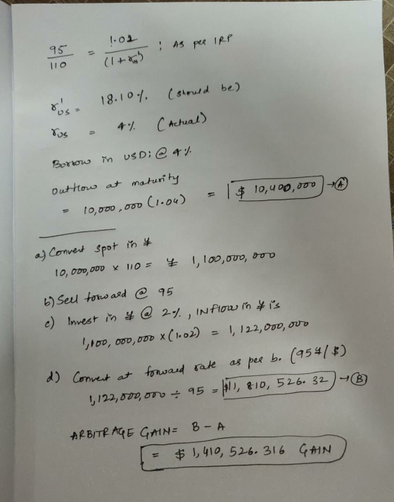 1.08 ; As pes IRP 95 vocitomb ! do 18.10% (should be) ros = 4%. (Actual) Borrow in USD: @ 4%. out how at maturity = 10,000,00