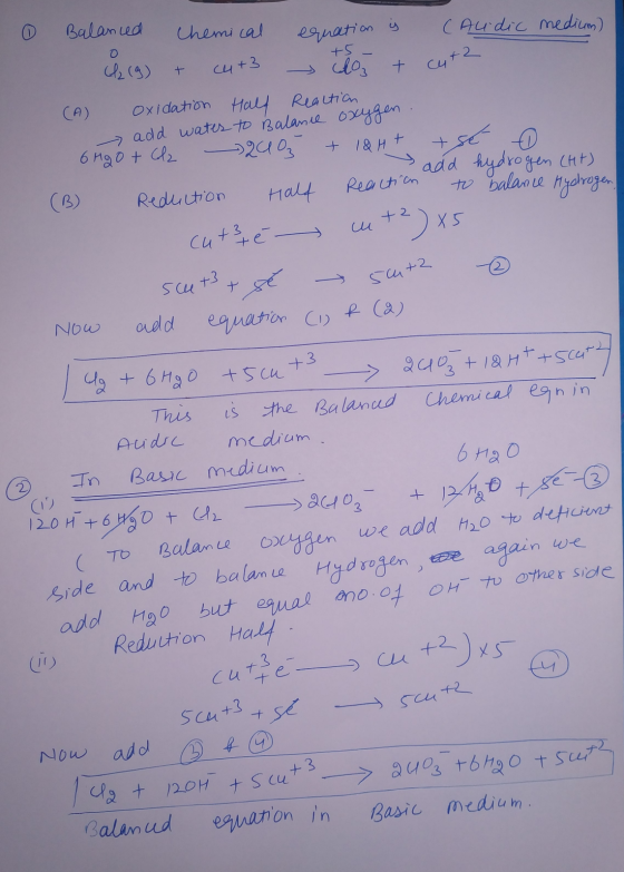 +5 - | 0 Balanced chemical equation is caudic medium) (12(g) + cu+3 clo + cute (A) oxidation Half Realtion oxygen. - add wate