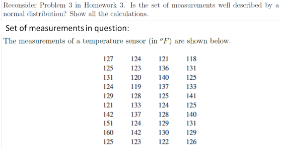 Reconsider Problem 3 in Homework 3. Is the set of measurements well described by a normal distribution? Show all the calculat