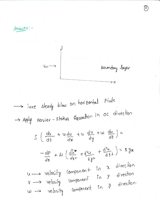 0 Answey Boum →Apply Navier-stoku Equathon in oc divechion dx d2 u- velocity Componen t in χ dire cHon velotiky ampnen tn y d