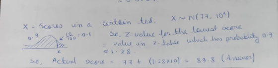in a X = Scores w to -0-1 0-9 certain test, X~N(77, 10²) So, z-value for the lowest score = value in 2-table which has probab