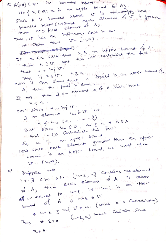 and is mont of v is gone as a Afo) C Risebounded aboven o. - U={X ER: x is an upper bound for A}. since A is bounded above v