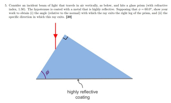 5. Consider an incident beam of light that travels in air vertically, as below, and hits a glass prism (with refractive index