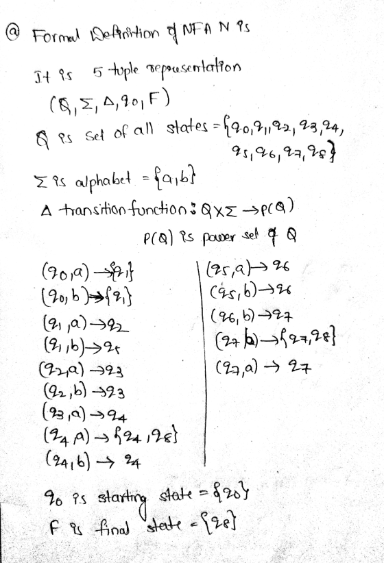 @ Formeel Deffrition of NFA NPS It Ps 5 tople repousentation (9, , 4,90,F) gps Set of all states = 420,21,22,23,24, 1 95,96,9