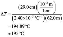 10
m
(29.0cm) 1cm)
AT =
(2.40x10-5°C)(62.0m)
=194.89°C
195°C