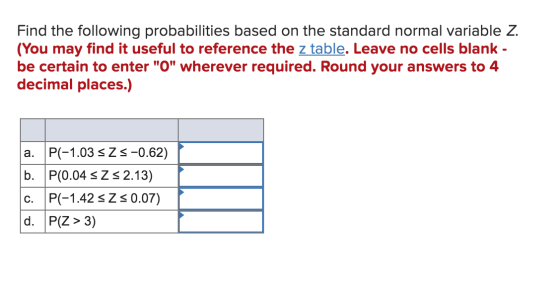 Find the following probabilities based on the standard normal variable Z. (You may find it useful to reference the z table. L