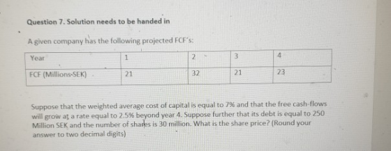 Question 7. Solution needs to be handed in A given company has the following projected FCFs: Year FCF (Millions-SEK) 21 32 21 23 Suppose that the weighted average cost of capital is equal to 7% and that the free cash flows will grow at a rate equal to 25% beyond year 4. Suppose further that its debt is equal to 250 Million SEK and the number of shares is 30 million. What is the share price? (Round your answer to two decimal digits)