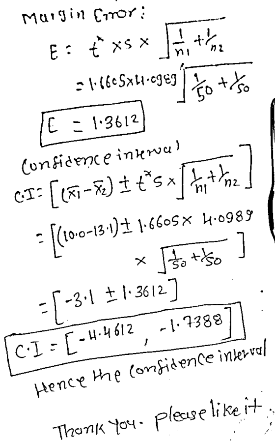 Margint Coror: 50 +886 E: ť XS X hts = 1.66€5xl.cgega? E = 1.3612 Confidence interval CI= [(81-76) sx this time 1.6605 X 4.0