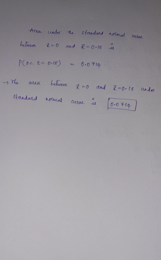 Area under the standard normal cuene between 2 0 and 2 = 0.18 is PlocZc 0.18) = 0.0714 The area between £ 20 and Z=0+ (8 ande