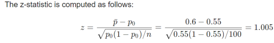 The Z-statistic is computed as follows: z = p – po V po(1 – po)/n 0.6 – 0.55 70.55(1 – 0.55)/100 = 1.005