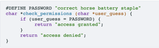 #DEFINE PASSWORD correct horse battery staple char *check_permissions (char *user_guess) f if (user_guessPASSWORD) return