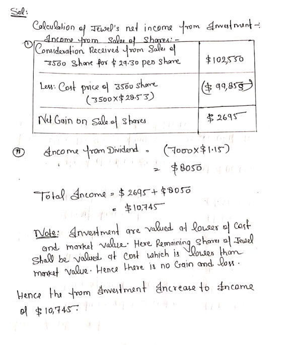 mestment- Sol: Calculation of Jewels net income from ancome yoom Sales el Shemen: - Consideration Received from sales of 350