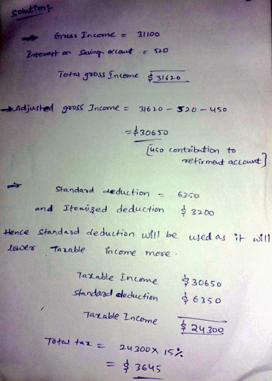 solution Gruss Income = 31100 Interest on swing account = $20 Tota gross Income $31620 Adjusted gross Income = 31620 - 320 us