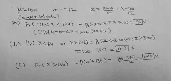 M=100 Cempin cal rule) Pr C 76€x <124) - Bl-2.00 <ZE00) =195% (:Pr(u-ers n SAT20)=95%) 2==M=X-100 17 (b) Py( X<64 or x> 136)