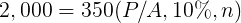 \large 2,000 = 350(P/A,10\%,n)