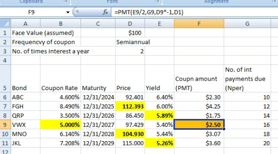 Font Allahment C Clipboard F9 f A B 1 Face Value (assumed) 2 Frequencvy of coupon 3 No. of times interest a year =PMT(E9/2,69