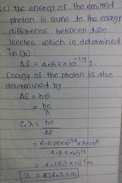 emitted pholo an is Game to the encrgy dliffenence betoeen tao n (b) 19 _cnec0부-alt-the-photon-is-also 60 derermined b Ae 84 게 06 412.3 nm