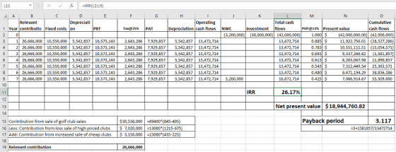 L11 C. Relevant Depreciati Operating Total cash Cumulative cash flows 1 Year contributio Fixed costs on PBT Tax@25% |PAT Depr
