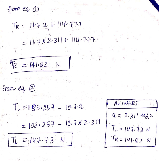 from ea a) TR = 1117 at 114.777 = 1117X2,311 + 114,777 R = 141.82 N from eq AñSWERS T1=193.257 - 19.7a a = 2.311 m/s2 =193.25
