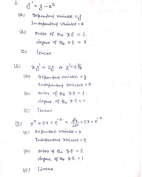 la.) Dependen Vaniable -d Lndebendent Varialse = x (b) 1. degree of tte Linean Dependet Varicble = ndependent Variable = x Or