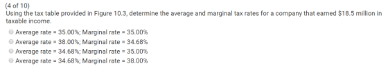 (4 of 10 Using the tax table provided in Figure 10.3, determine the average and marginal tax rates for a company that earned