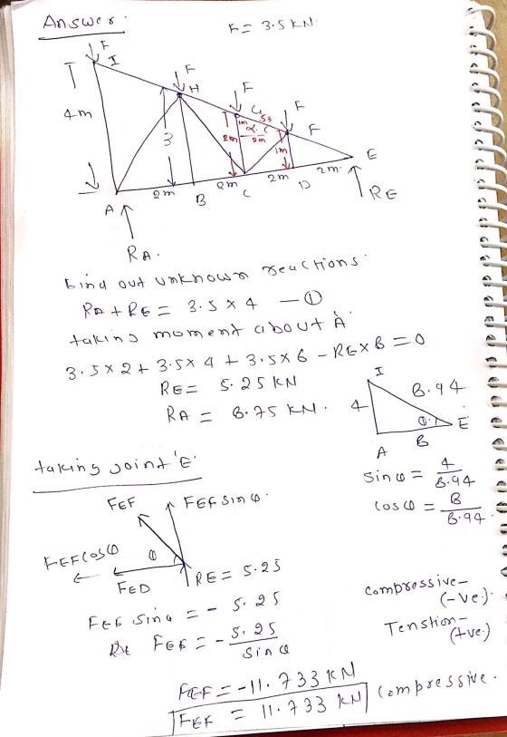 Досфе и “ F = 3.5KN I T am ktom 2 Tor RA bind out unknown reactions. RAIRE= 3.504 - taking moment about i 3.5*2+ 3.5*4 +35*