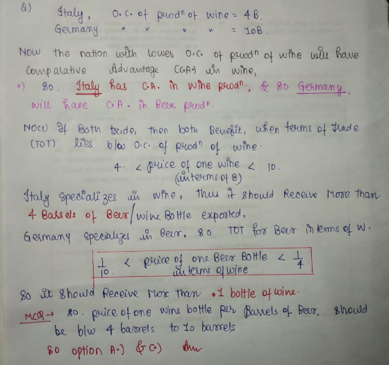 8) emany 冫 108. Now the natiowh lowes t sdh of whe wir Rave Comp atative dvatage CGA) wihe, 4 Bass els o Be win Bothe exposted, 10 So It 8hould Receive More thanレ、 bottle otuoine be blw 4 baorels to to barels o option ) d