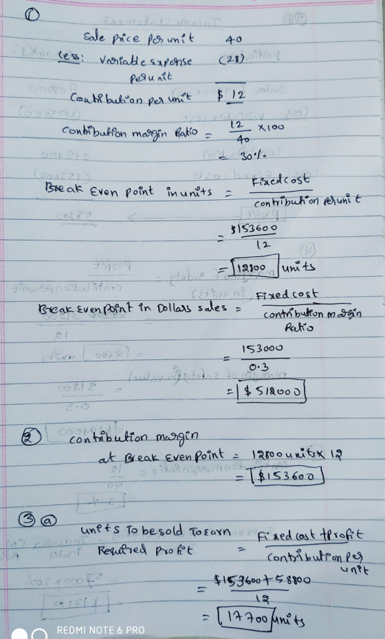 40 sale price per unit Variable expense Perunit Contribution per unit (28) contribution margin Ratio 2012 fonden + 20 b fixed