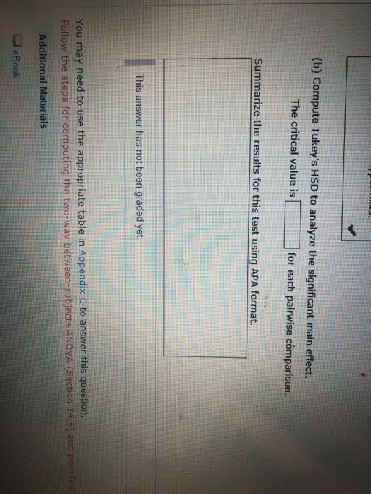 (b) Compute Tukeys HSD to analyze the significant main effect. The critical value is for each pairwise comparison. Summarize the results for this test using APA format This answer has not been graded yet You may need to use the appropriate table in Appendix C to answer this question. Follow the steps for computing the two-way between-subjects ANoVA (Section 14.5) and post hoc Additional Materials eBook