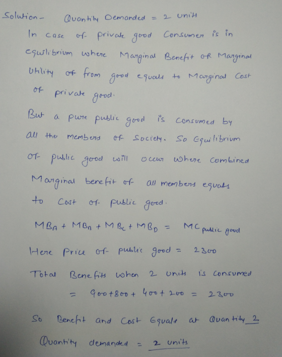 solution. Quantity Demanded = 2 units In case of private good Consumer is in equilibrium where Marginal Benefit GR Marginal U