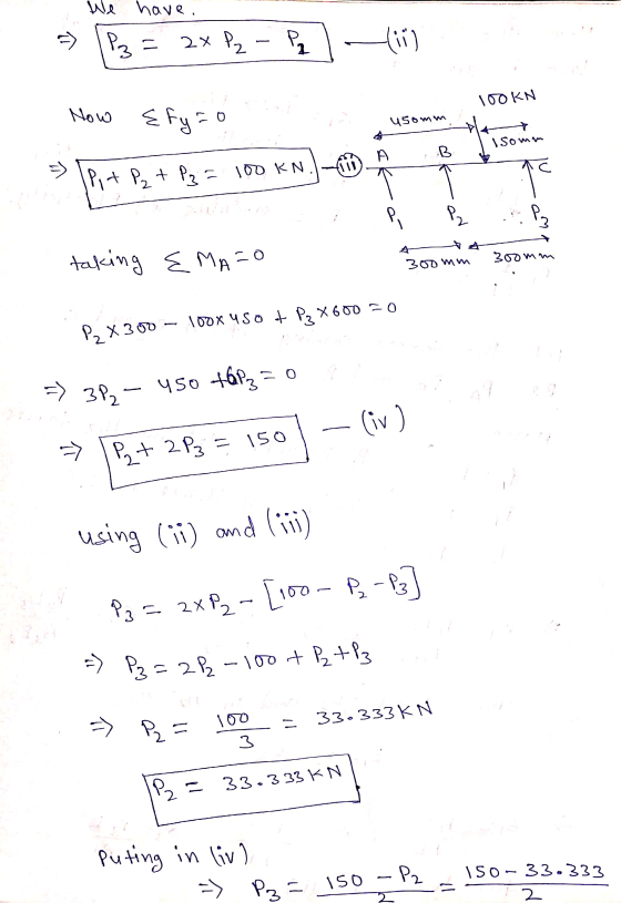 We have. 2x P₂ P₂ - P₂ P3 41 100 KN Now Efya f co usomm nc Isomm B 100 KN 11 k IPit P₂ + P₂= 1 P₂ an taking EMATO 300mm 300 m