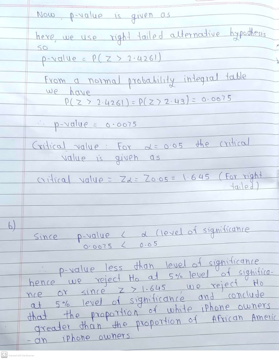 Now so p-value is is given as here, we use right failed alternative hypothesis p-value P(Z > 2.4261) From a normal probabilit