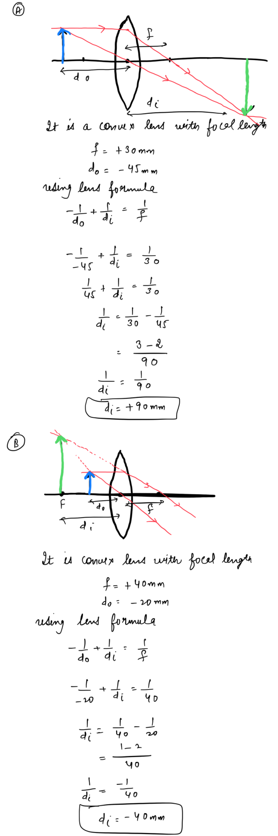 ( 다 do di It is a convex lens with focal length f= +30mm do = -45mm reting lens formula 1+ do di - 와 ㅗ ) 3o -U5 고 GG • 글 금 금