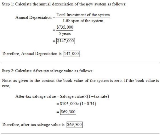 Step 1 Caleulate the amldeciaion of the new systes fllo Total Investment of the system Annual Depreciation Life span of the s