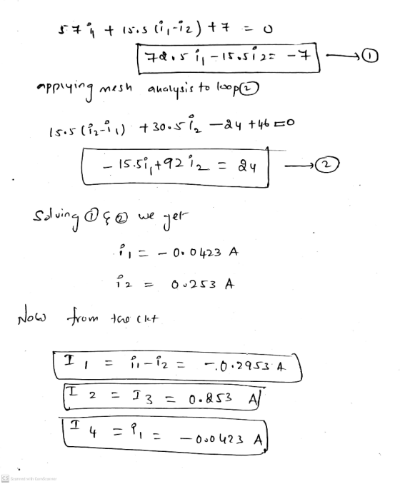 57 + isisi, -12)+7= 7d05i; -1565122 -7 applying mesh analysis to loop 15.5liz-in) + 30.51, -d4 +46 00 15.51,+92 12 = dy Solvi