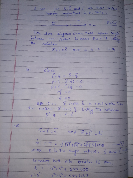 8. (a) Let a, b, and i are three vectone gnitudes ab, and c. how Here above diagram shows that when angle between two voctors