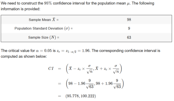 We need to construct the 95% confidence interval for the population mean p. The following information is provided: Sample Mea