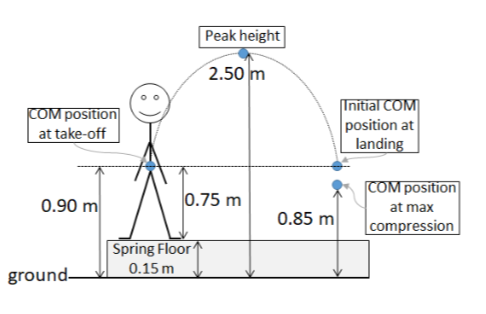 Peak height 2.50 m ni COMposition at take-off position at landing COM position at max 0.75 m 0.90 m 0.85 m compression Spring