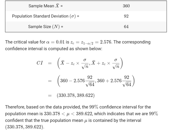 Sample Mean X = 360 Population Standard Deviation (0) = 92 Sample Size (N) = 64 The critical value for a = 0.01 is Zc = 21-a/