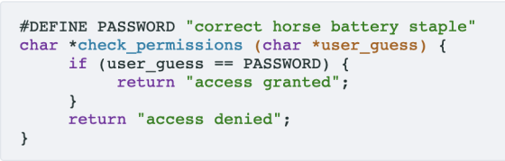 #DEFINE PASSWORD correct horse battery staple char *check_permissions (char *user_guess) if (user_guess PASSWORD) return a