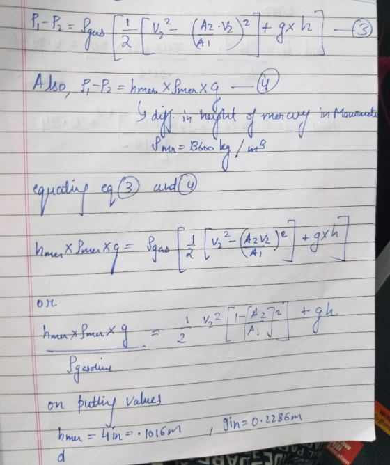 Also, P,- Po=hmer & Smer xq - 4 diff. in height of morwy in Macomete Smer Booo kg / m3 equating eq@ and Az Ve tayh 1. T.KI -