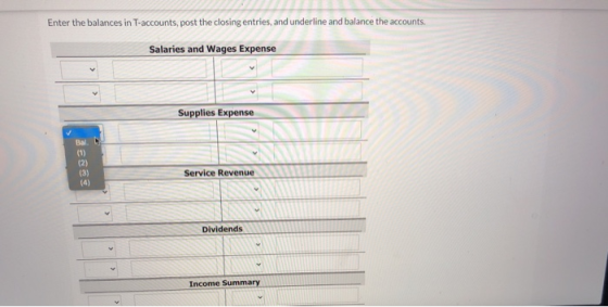 Enter the balances in T-accounts, post the closing entries, and underline and balance the accounts. Salaries and Wages Expens