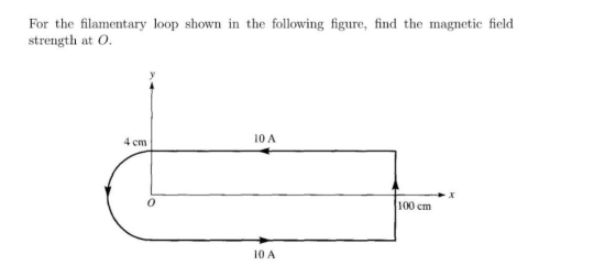 For the filamentary loop shown in the following figure, find the magnetic field strength at O 10 A 4 cm 100 cm 10 A