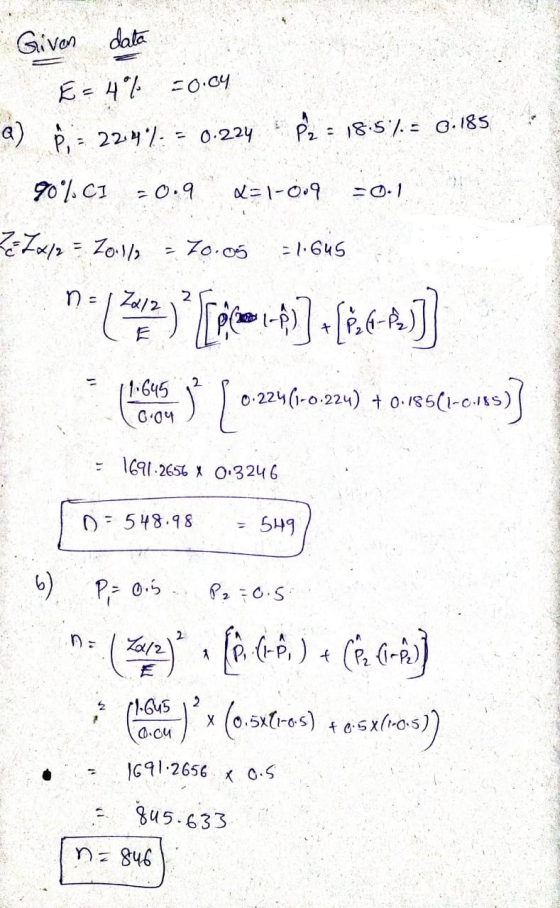 Given data E = 4% =0.04 a) 8 = 22:47. = 0.224 P2 = - 18:57. - 0.185 90%CI -0.9 =1-009 -0.1 Ze 1x/2 = 20.1/2 - 70.05 = 1.645