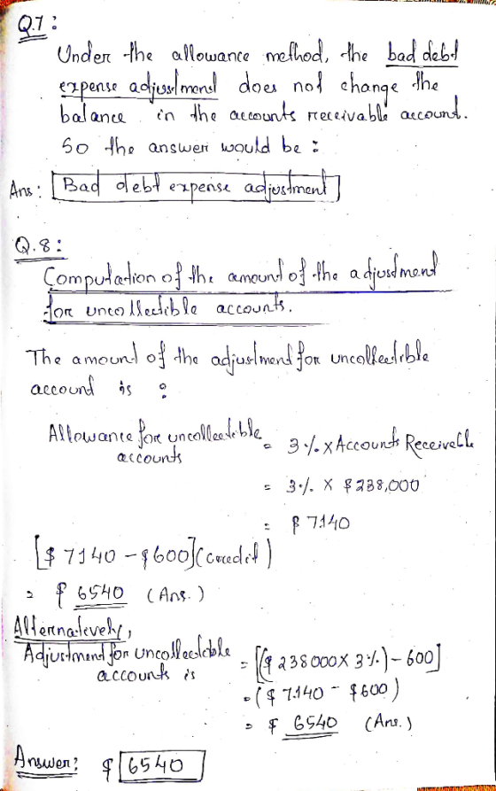 Under the allowante mefhod, he bad deb the pante adfuwmen does nol chonge en the aecounts reccivabl accound balance 50 the a