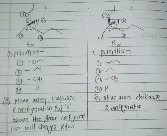 007 RI o priorities - 0-01 - CH3 © priorities – o-on - N 0 - CH3 - H. & moxe aorey, clockwise R configuration. But H 1 above