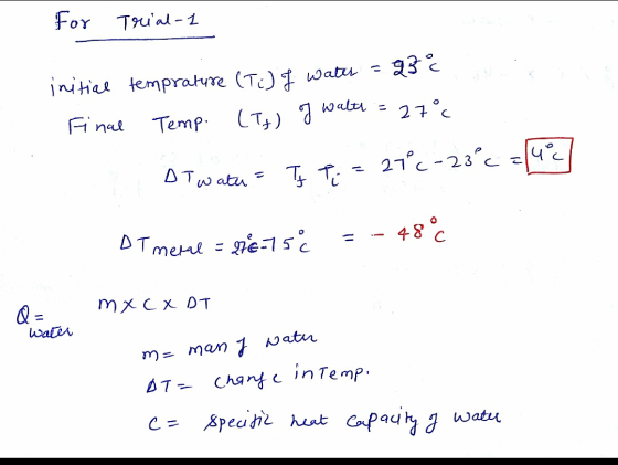 For Trial-1 initial temprature (Ti) f water = 93€ Final Temp. (Ts) of walth = 27° It watu = Ty T j = 27°C-23°c =(42) ĐTee - g