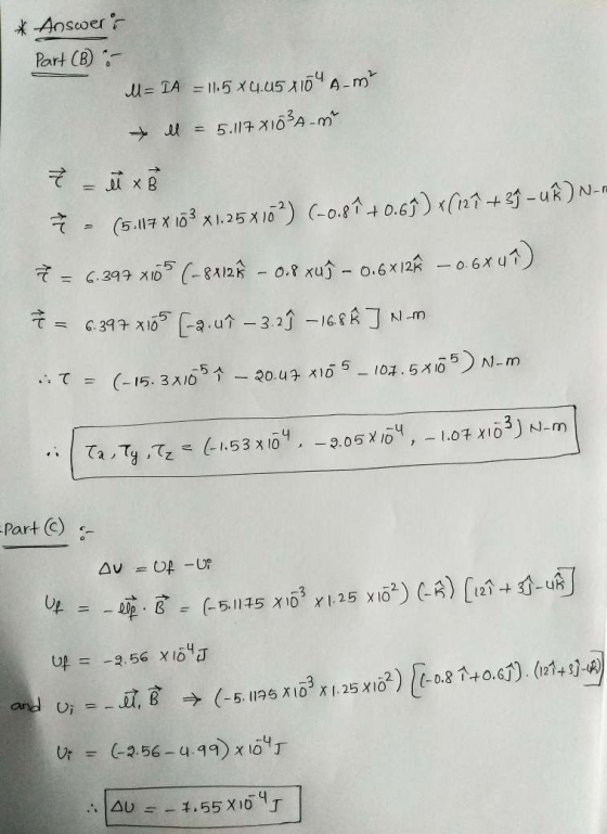 * Answers Part (B) :- I= IA = 11.5 x4.45X104 A-MO + Il = 5.117X163A-n रे хв - (5.117 x 103 x1.25x102) (-0.87 +0.67) (127 +3