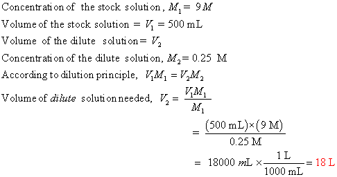 Concentration of the stock solution, M-9M Volume of the stock solution = 500 mL Volume of the dilute solution V Concentrati o